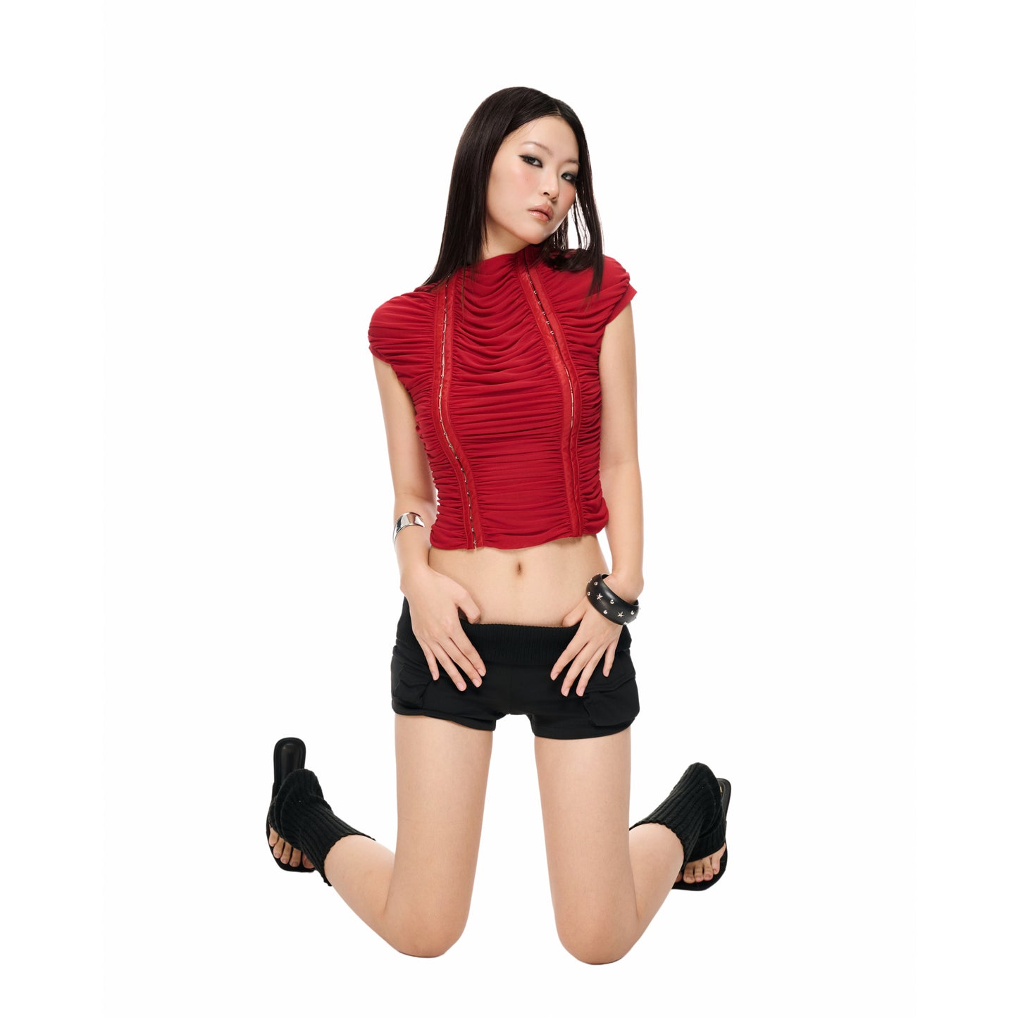 "RUCHE" IN RED WAVY TOP