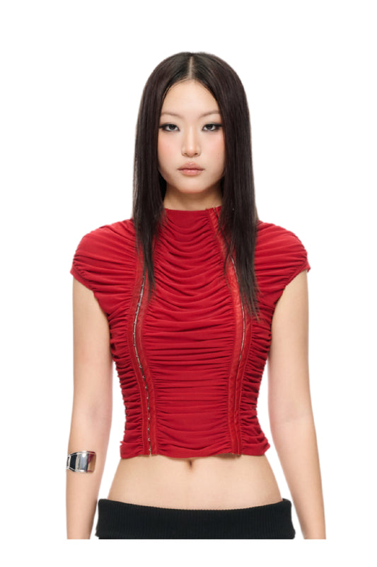 "RUCHE" IN RED WAVY TOP